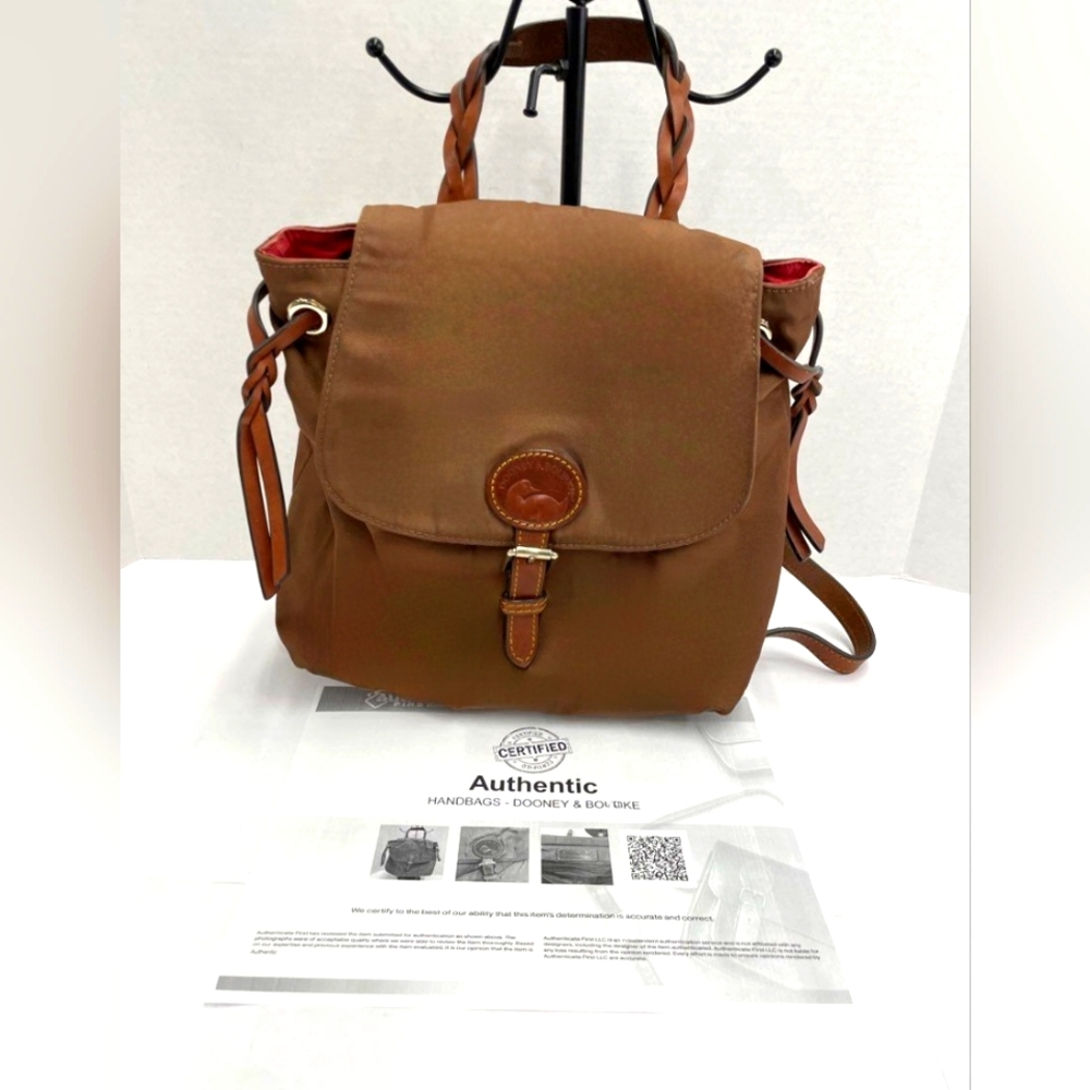 Dooney & Bourke Designer Nylon Flap Backpack Brown Canvas Leather Trim